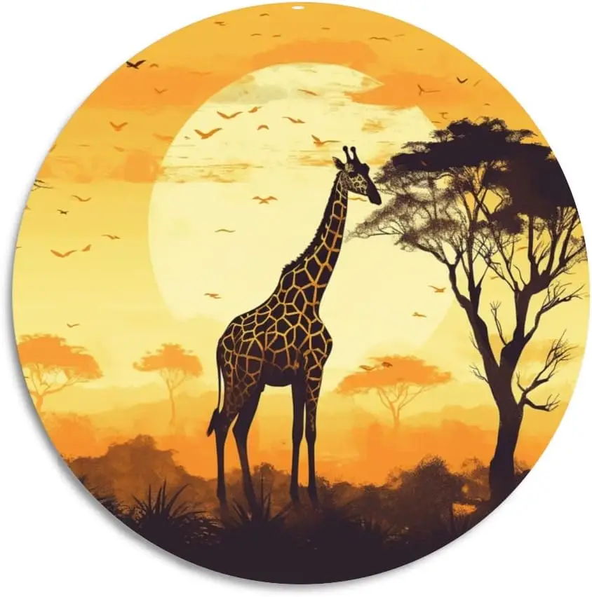 Giraffe Vintage Round Metal Tin Sign, Nostalgic Metal Sign, Home Decor for Club Bar Garden Kitchen Restaurant Garage, 12x12 Inch