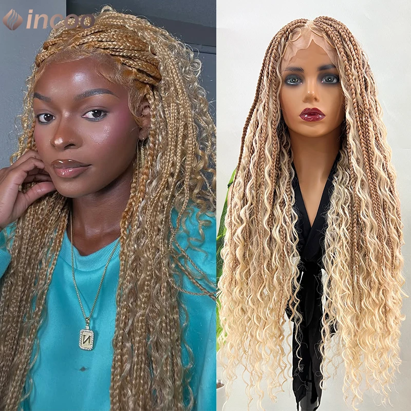 Syntetyczne 32-calowe plecione peruki Boho 613 Blonde Full Lace Box Braids Peruki dla czarnych kobiet Bezszwowe plecione peruki z Baby Hair