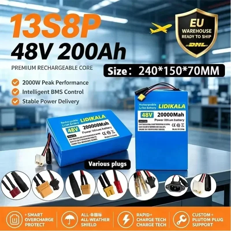 LIDIKALA 48V 200000mAh 13S8P Lithium-Ionen-Akku mit integriertem 50A BMS, wasserdicht, 2000W Akku für Citycoco Motorroller & Elektrofahrrad