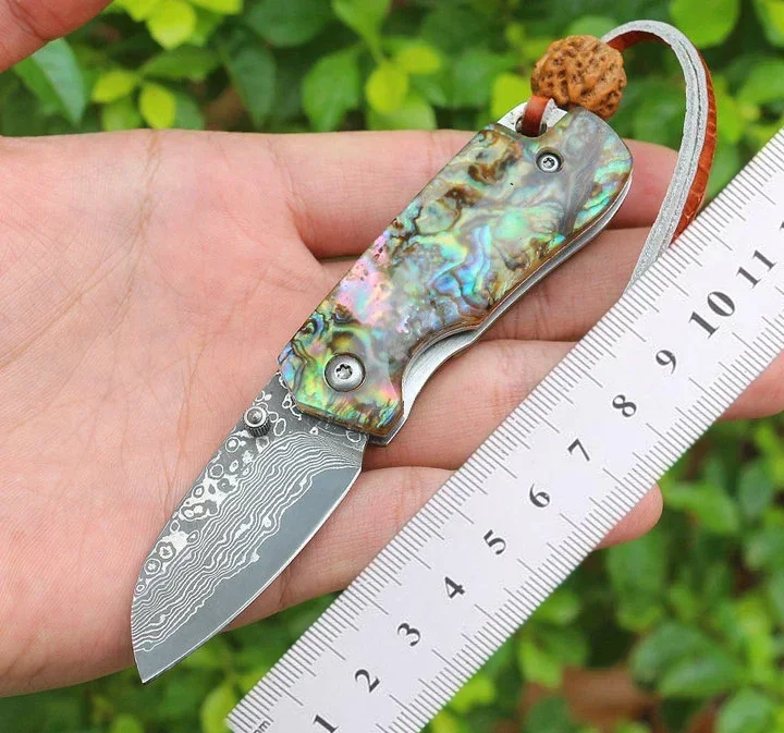 Abalone Mini Keychain Pocket Folding Knife Damascus Blade Abalone Shell Steel Handle Tactical Rescue Hunting EDC Survival Tool