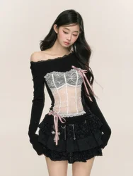 Autumn Coquette Y2k Sexy Lace Crop T Shirt Women 2024 Fashion Korean Kpop Streetwear Patchwork Tees Black Long Sleeve Tops