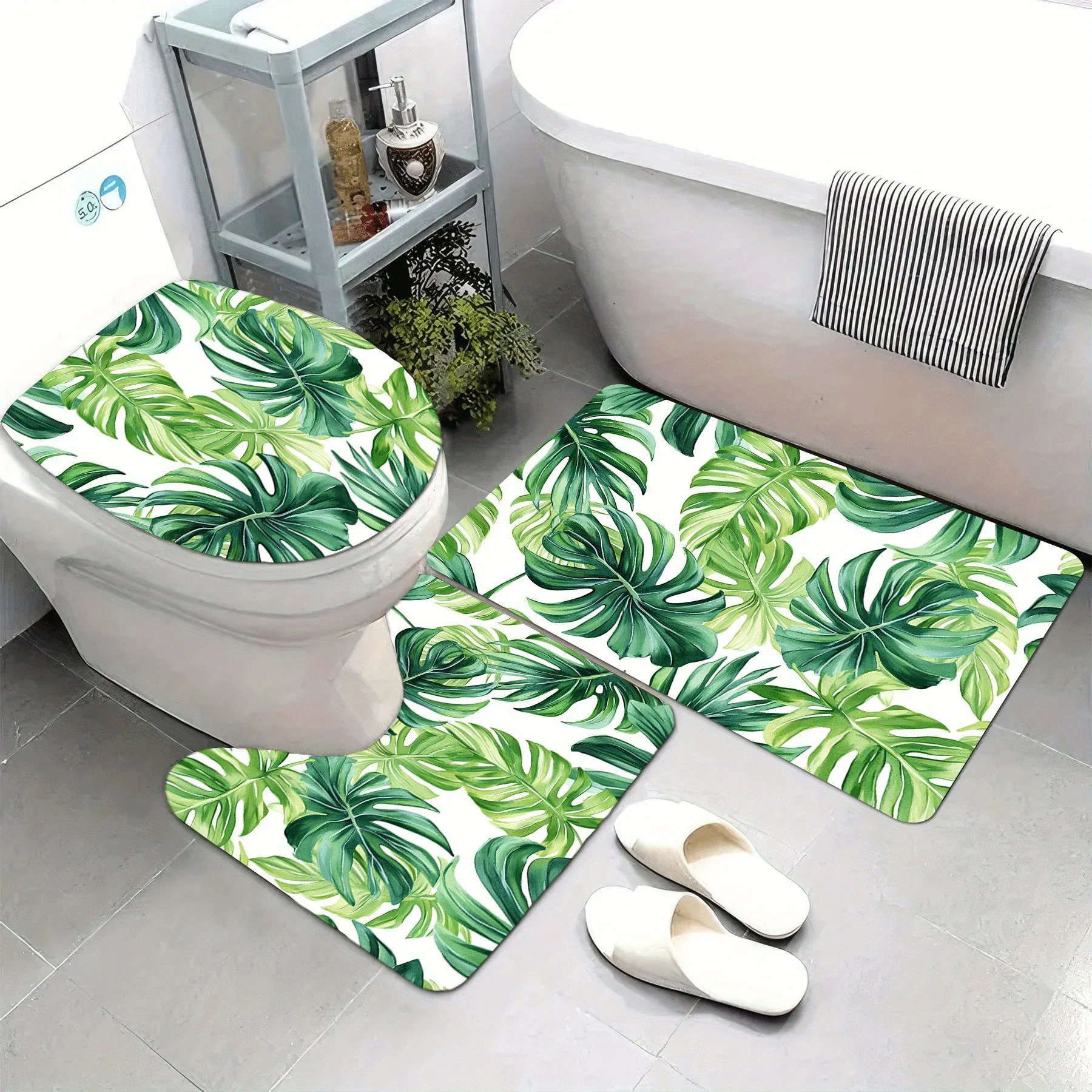 

Набор из 3 сверхмягких ковриков для ванной с нескользящей подложкой и рисунком тропических листьев для ванной комнаты, туалета, спальни.