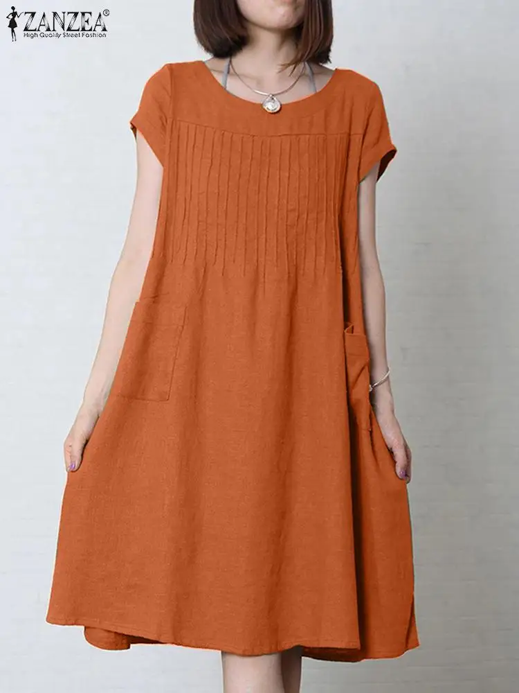 

ZANZEA 2024 Summer Short Sleeve Dresses Elegant Women Long Sundress Casual Loose A-line Midi Vestidos Fashion Round Neck Robe