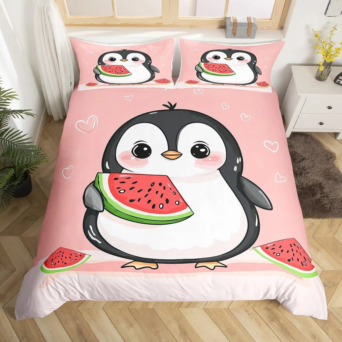 

Cartoon Penguin Duvet Cover ,Polar Animal Watermelon Bedding Set for Boys Girls Room Decor,Arctic Wildlife Fruit Comforter Cover