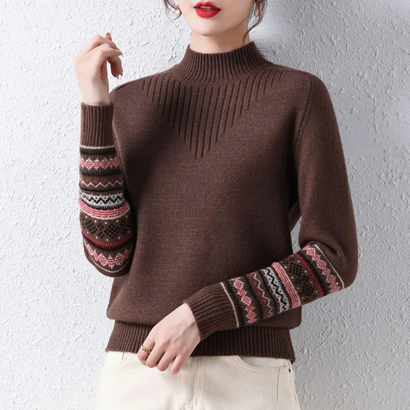 Fall Winter Mock Neck Vintage Print Sweater For Women Short Casual Crochet Long Sleeve Tops Korean Loose Basic Knitted Pullover