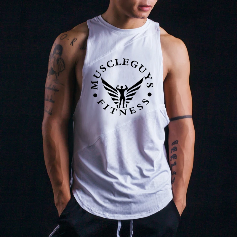 Summer Men Running Vest Cotton Mesh Splicing Breathable Sleeveless Gym Workout Tank Fitness Training Sports Singlet Bodybuilding