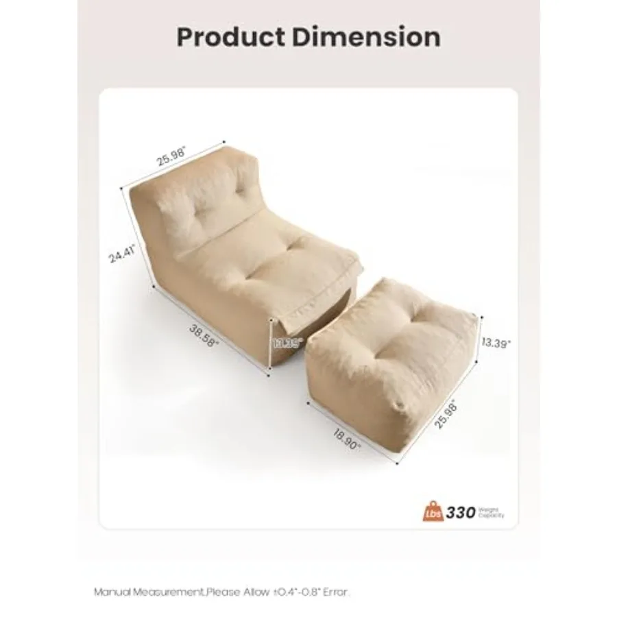 Outdoor patio bean bag chair with ottoman, splash-proof fabric, beige, no assembly required and comfy back support for deck, po