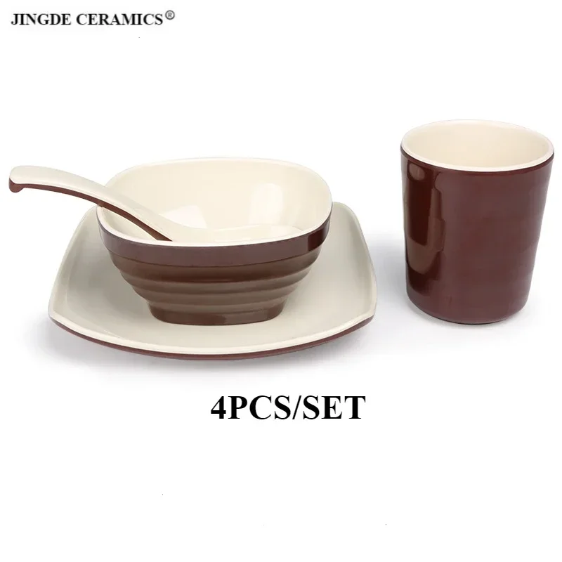 4pcs/set cup*1, bowl*1 , dish*1, spoon*1.Made of food grade melamine material, not easily damaged.Restaurant/household tableware