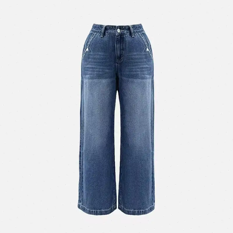 Women Jeans High Waist Wide Leg Pants Streetwear Pockets Denim Pant Spliced Buttons Trousers Casual Lady Straight Autumn 2025