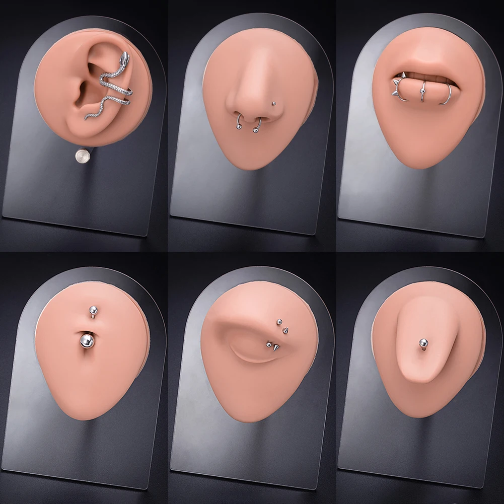 Brown Silicone Human Mouth Nose Ear Tongue Model Simulation Face Model with Display Stand Piercing Jewelry Display Teaching Tool