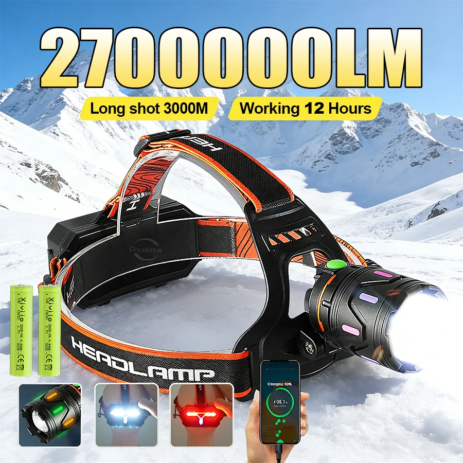 

2700000LM Мощный налобный фонарик Сильный свет Головной фонарь Светодиодный перезаряжаемый передний фонарь COB Задний фонарь Long Shot 3000M Налобный фонарь для рыбалки на открытом воздухе Кемпинга Ночная езда