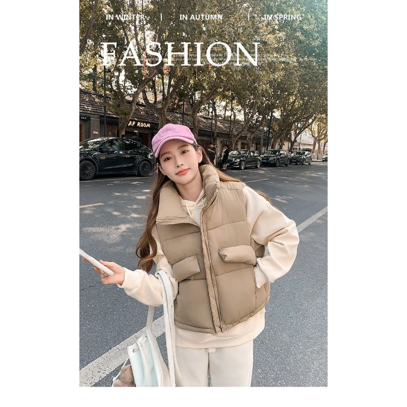 المرأة الجديدة 2025 الخريف والشتاء سترة الموضة أسفل القطن الوقوف طوق بلون سترة دون أكمام سترة