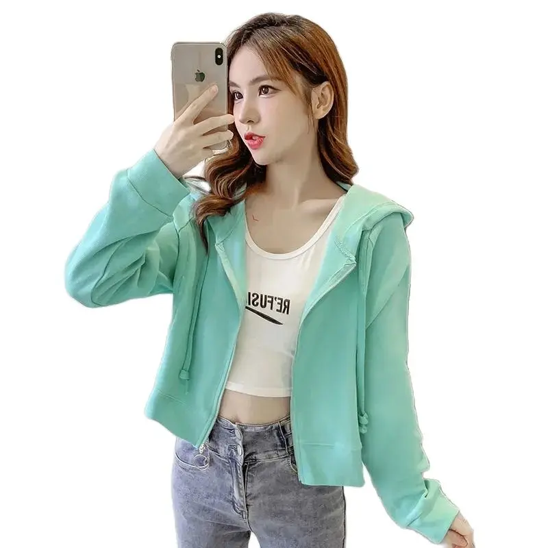 

2023 Long Sleeve Cardigan Hooded Sweatshirt Women Spring Autumn Korean Pocket Loose Short Jacket Ladies Thin Tops