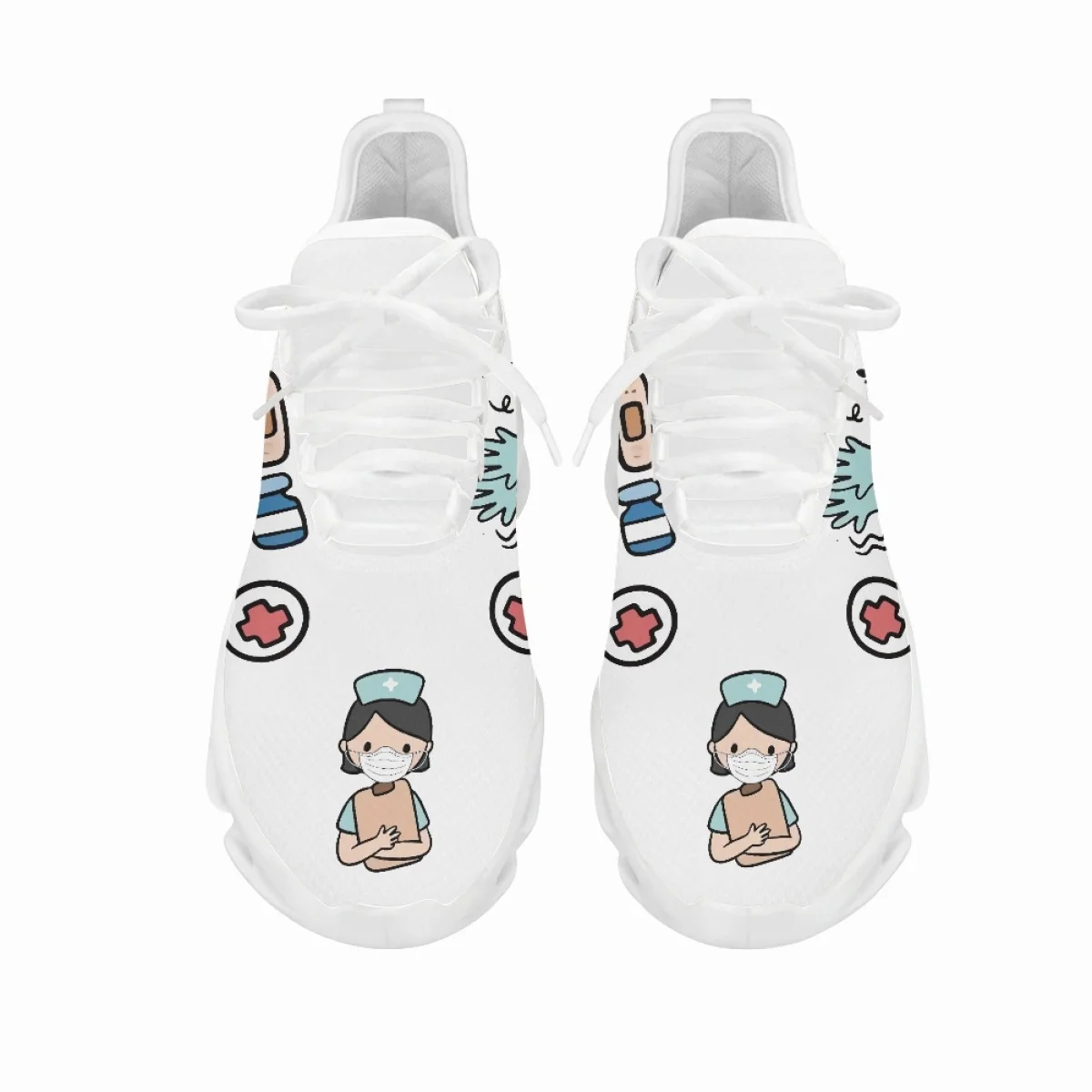 Yikeluo Cartoon Medicine Pattern Ladies Platform Nurse Shoes  Breathable Lace up Mesh Swing Sneakers Female Walk Footwear 2022