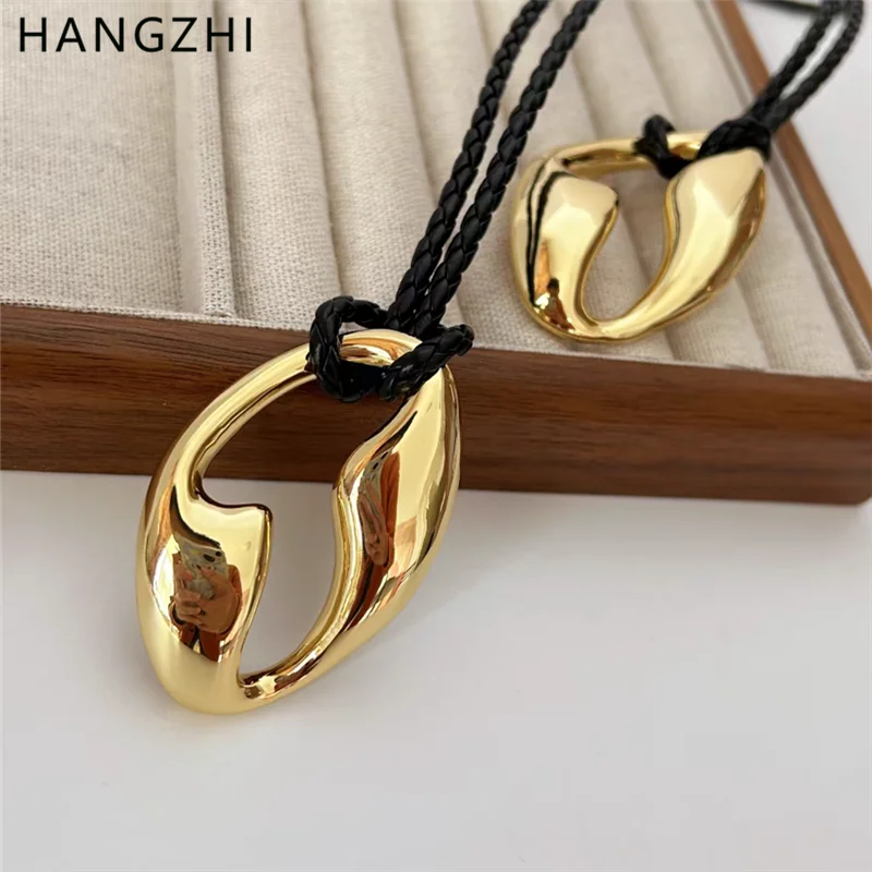 HANGZHI Gold Color Hollow Large Waist Chain Metal Woven Rope Sweater Long Chain Necklace Chunky Smooth Jewelry for Women New