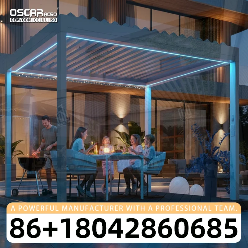 Outdoor Bioclimatic Waterproof UV Block Motorized Louvered Aluminum Pergola Sliding Glass Zip Screen for Patio Garden Backyard p