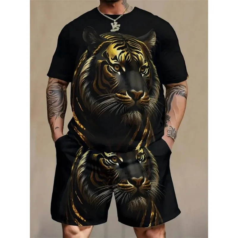 2025 Hot Selling Fashionable Men's 3D Printed Lion Print Round Neck T-shirt Shorts Set Outdoor Casual Top Two-piece Set