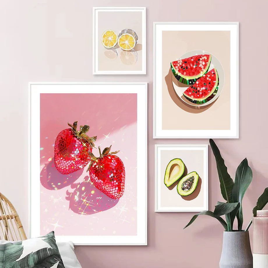 1pc frameless Canvas Painting Retro Trendy Glam Fruit Disco Ball Orange Lemon Mirrorball Creative Poster Canvas Painting Wall Ar