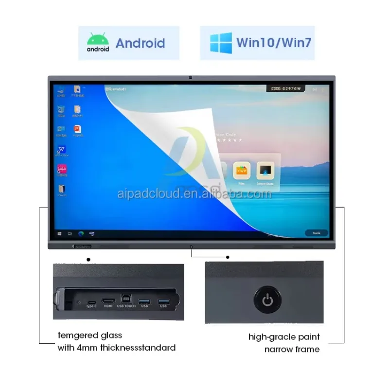 Factory 8k UHD Smart Board 100 115 Inch Dual System Win10 16+256Android 40-Points Touch AI Camera Interactive Conference Screens