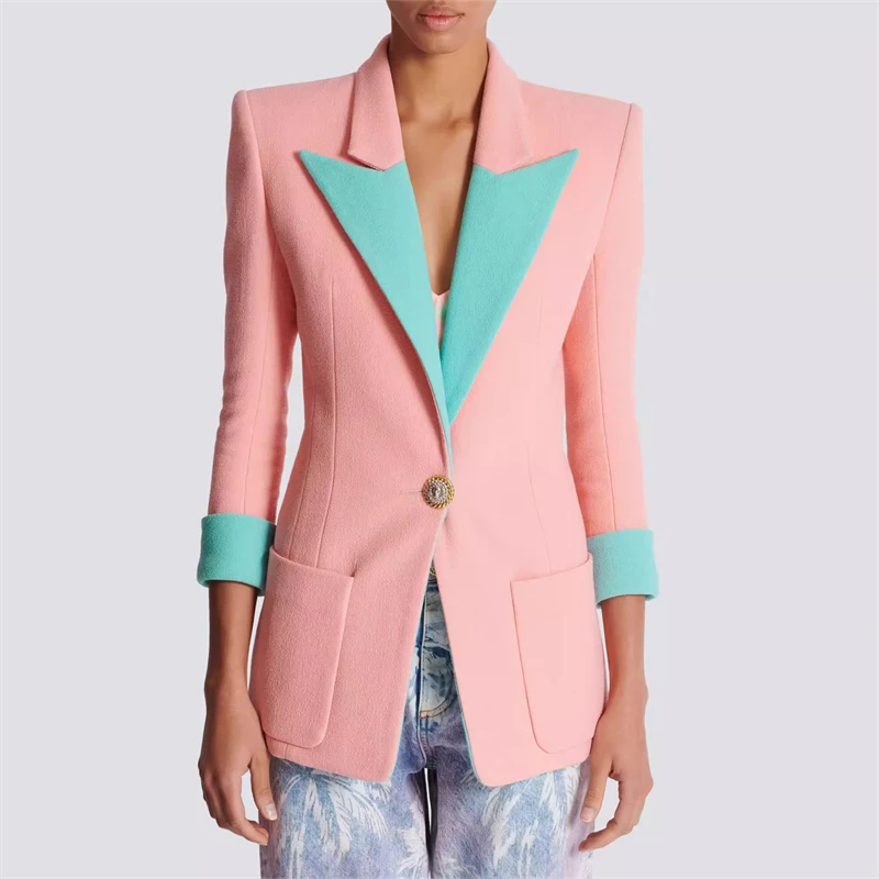 

New autumn women's contrast color stitching one button suit jacket y2k high quality fashion commuter three-quarter sleeve jacket