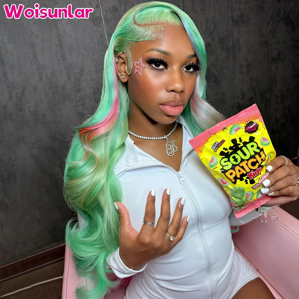 36 inches Highlight Green and pink Front Lace wig human hair 13x4 Transparent Lace body wave Black Women Natural 100% Human hair