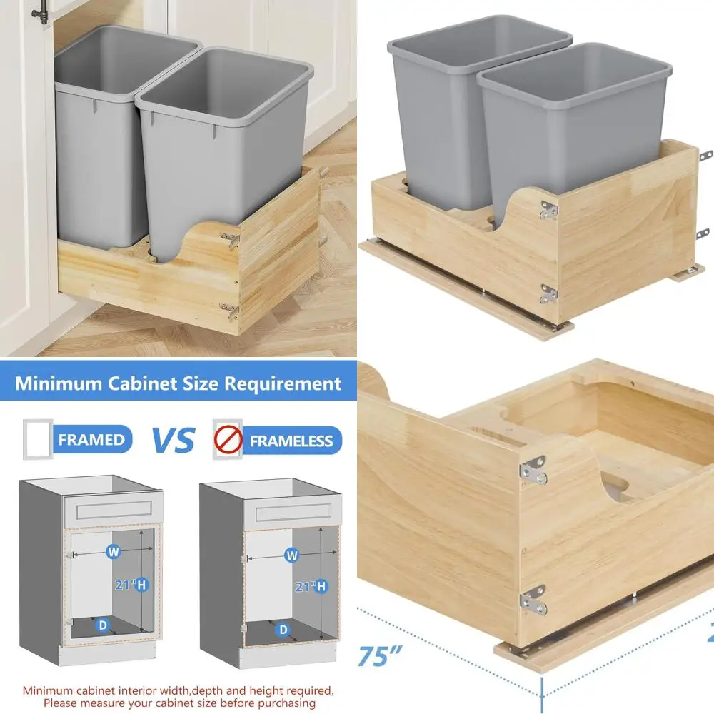 

Double 35-Quart Trash Can Pull-Out Cabinet Organizer with Soft Close Feature for Kitchen and Laundry Rooms (18W x 24D)