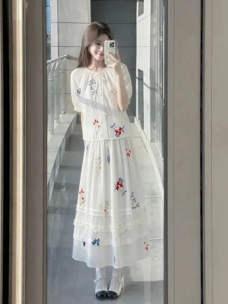 

Elegant Summer Outfit Women's Embroidered Shirt And Midi Skirt Set Lantern Sleeve round Neck Comfortable Loose Fit Fashionable