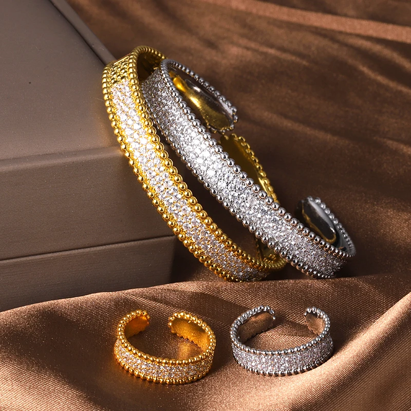 

Luxury Pull Paved Cubic Zirconia Bangle Ring Set For Women Audjustable Gold Color Opne Bangle Rings Wedding Jewelry