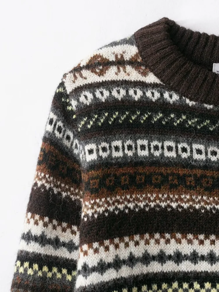 Autunno O-Collo modello jacquard manica lunga sottile maglione corto lavorato a maglia moda donna pullover top femminile casual abbigliamento caldo 2025