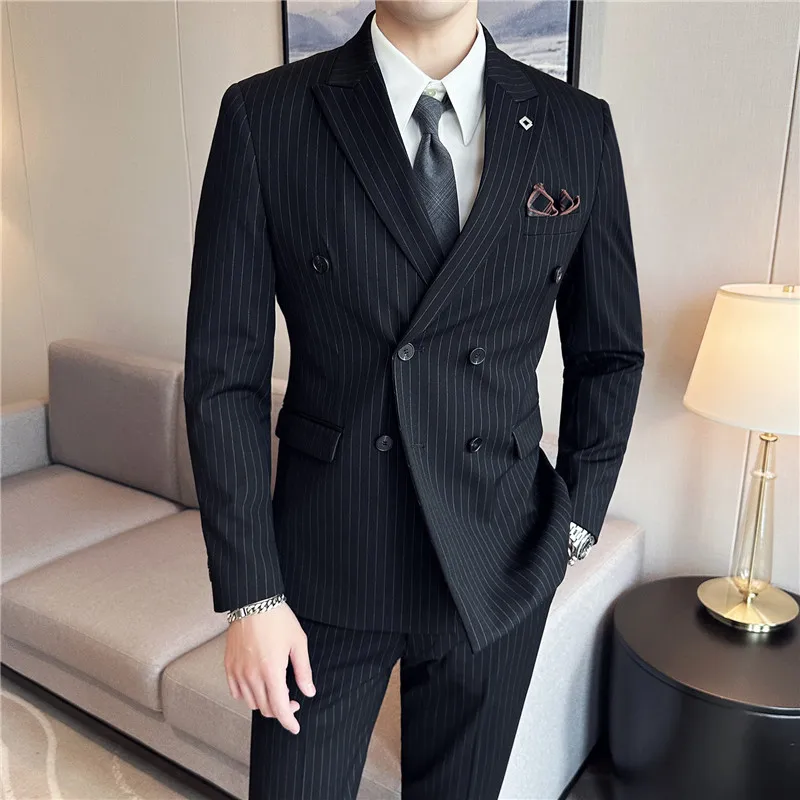 

(Jacket + Vest + Pants)Three Piece Set Men Blazers Set stripe Suits Busines Casual Slim Fit Formal Dress Groom Tuxedo Wedding