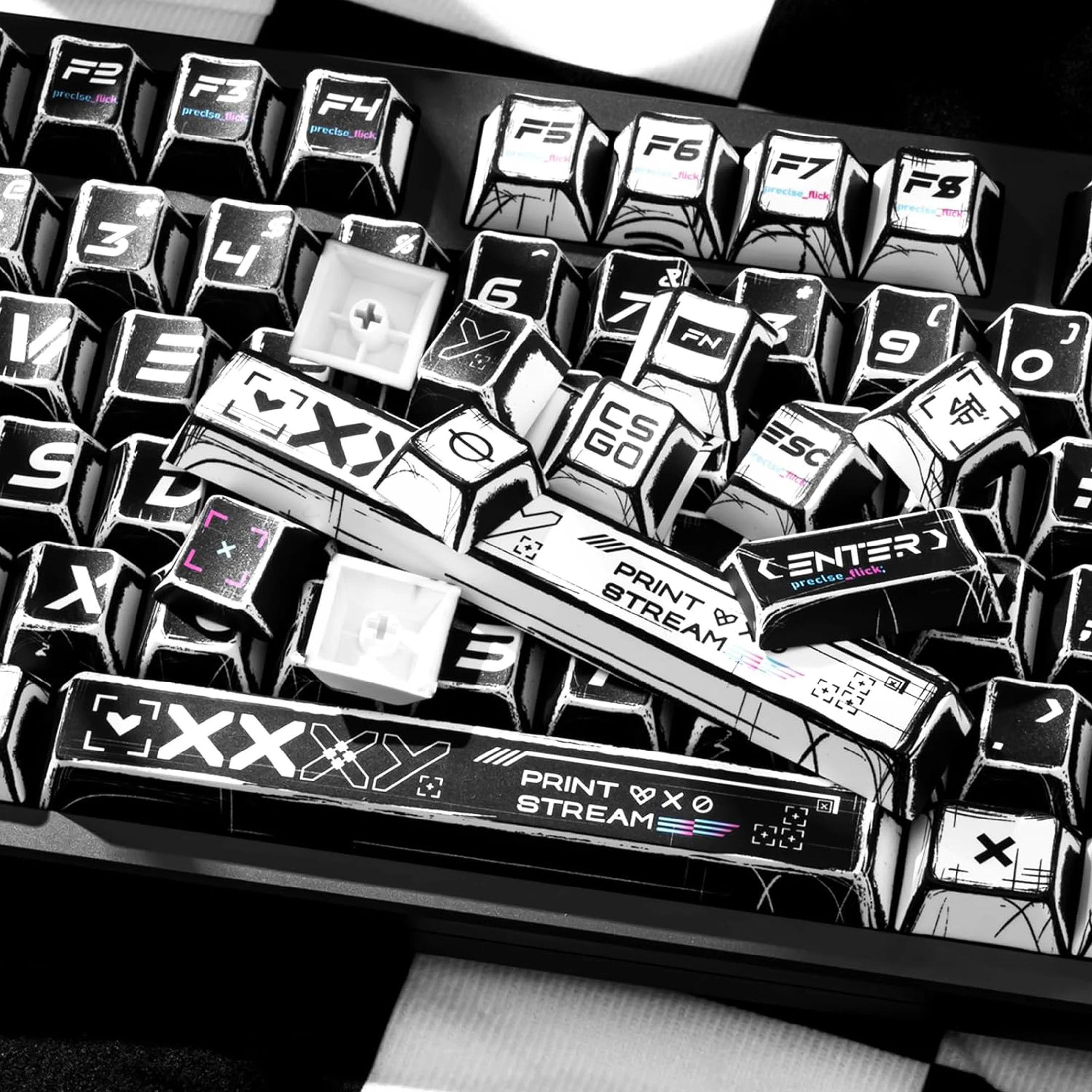 Comic-themed keycap set, Cherry Profile PBT customized keycaps for 135 keys, black and white keyboard keycaps suitable for Cherr