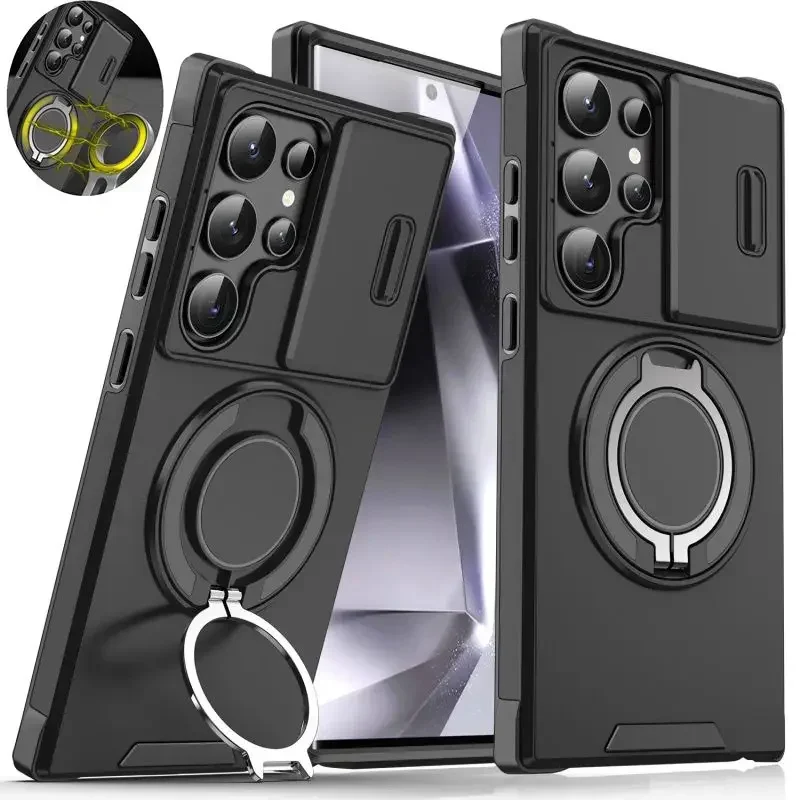 Funda para Samsung Galaxy S25 S24 S23 S22 S21 Ultra Plus S24FE S23FE, protección de cámara deslizante, soporte magnético, armadura, cubierta a prueba de golpes