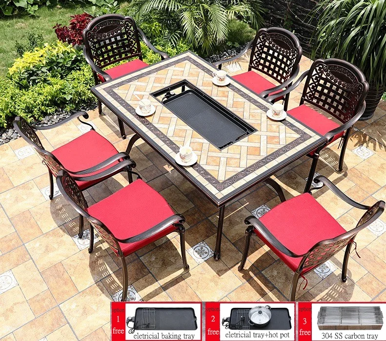 Outdoor Durable Metal Cast Dining Table Mount With BBQ Hot Pot Tray Garden Patio Balcony Dining Set With 6 8 Chairs