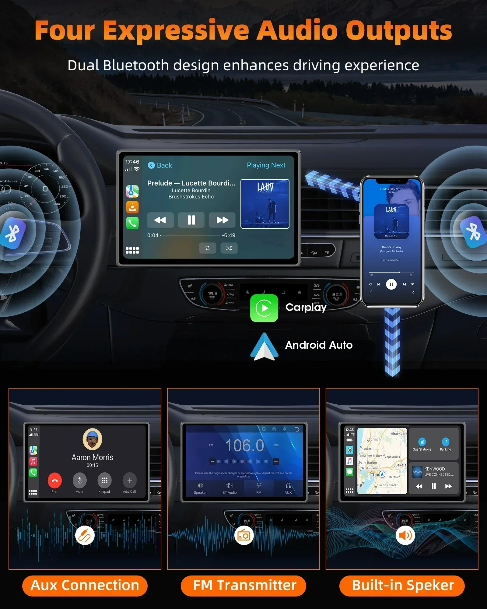 شاشة لوحة قيادة السيارة المحمولة مقاس 7 بوصات، شاشة لمس Carplay اللاسلكية، ستيريو للسيارة، نظام ملاحة GPS، منظر طبيعي بلوتوث وشاشة عمودية