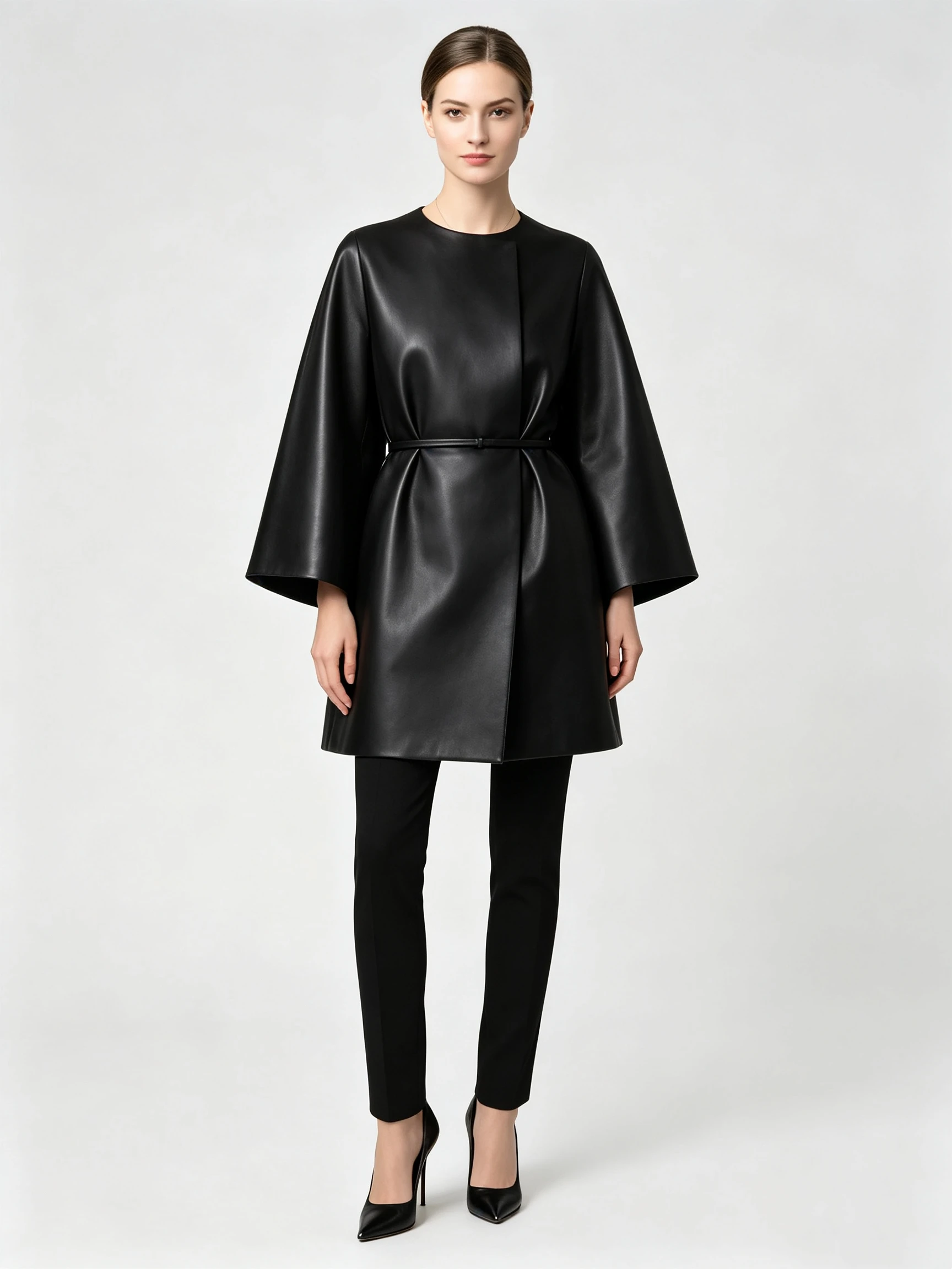 Women's Faux Leather Wrap Coat with Bell Sleeves and Self-Tie Belt