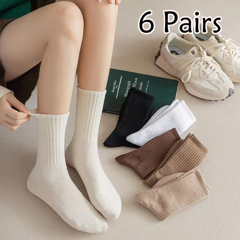 

6 Pairs Women Elastic Socks Set Solid Color Fashion Classic Striped Socks Breathable Cotton Middle Tube Long Casual Sport Socks