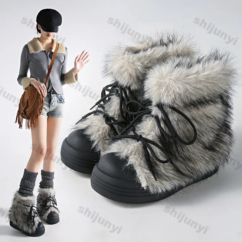 Women Winter Fur Flats Snow Boots Women 2025 Winter New Trend Warm Casual Short Plush Boots Designer Cold-resistant Botas Mujer