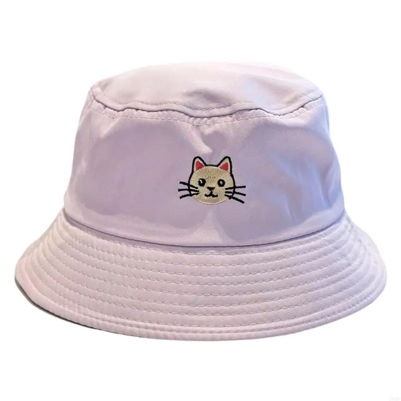 Embroidery Sun Hat for Women Poly Cotton Bucket Cap Stitched Casual Outdoor Hat for Beach Daily Wear Y166