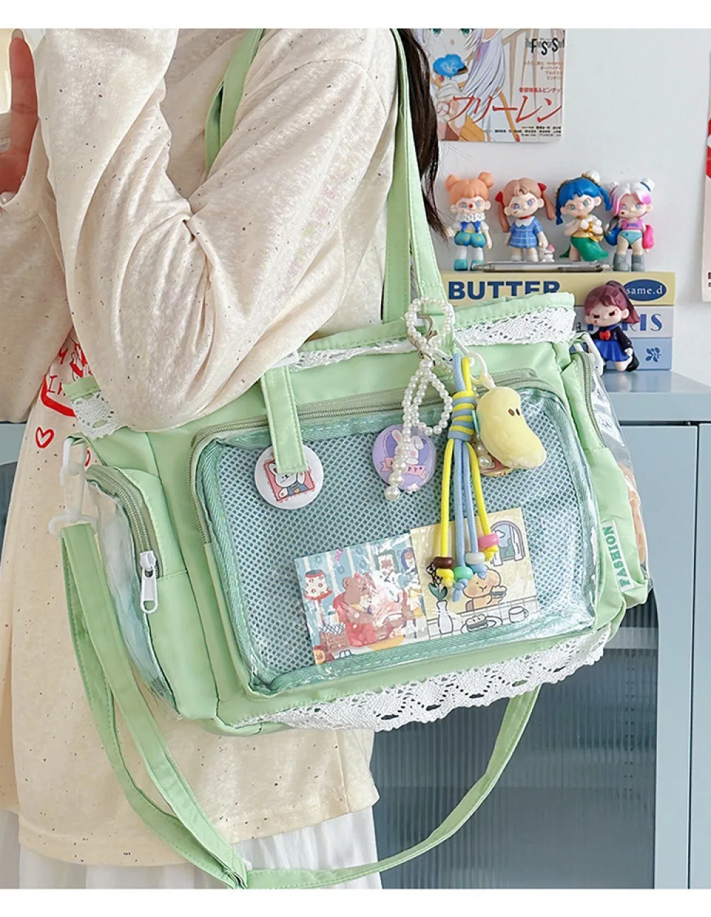 Kawaii Gelbe Spitzen-Ita-Tasche, Große Kapazität, Transparentes Fenster, Anime-Pin-Display, Schultertasche, Lolita Niedliche Handtasche für Comic-Con – Detail 7