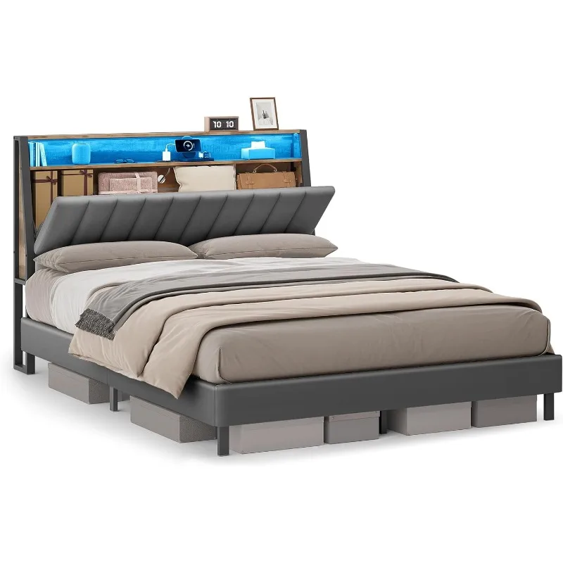 LED Bed Frame Queen Size, Storage Headboard and Charging Station, Queen Bed Frame with 2 AC Outlets, 1 USB Port, 1 Type-C Port