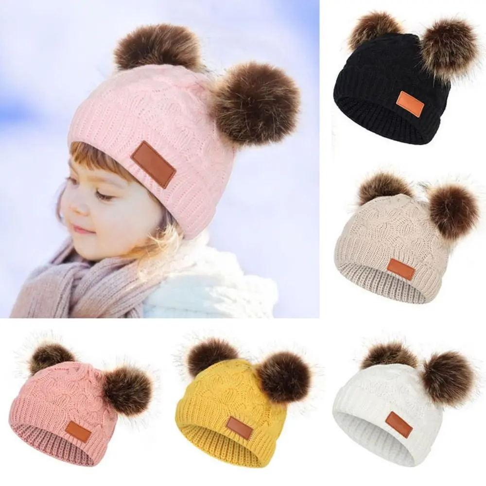 Fashion Knitted Baby Pompom Beanie Cap Soft Plush Hemming Hat Winter Warm Double Pompom Ski Hats Toddler Infant