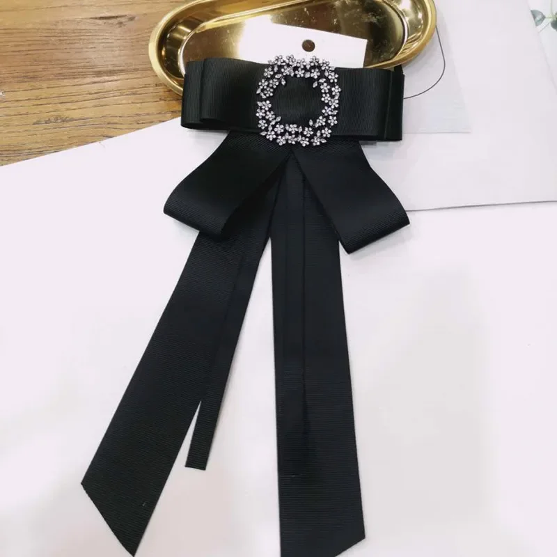 Retro Black Ribbon Bow Tie Crystal Rhinestone Jewelry Brooches Shirt Professional Collar Pin Bowtie School Uniform Accessories