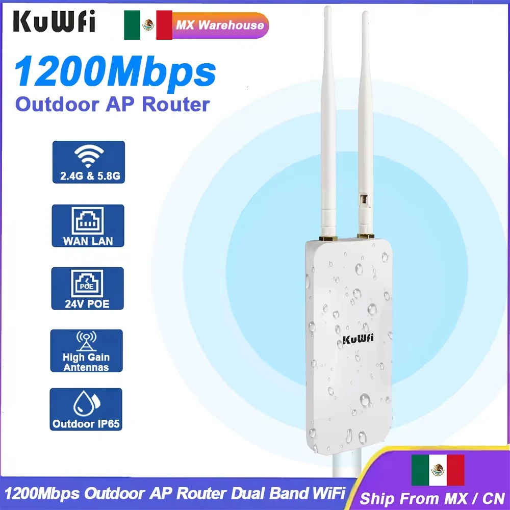 KuWFi 1200Mbps ثنائي النطاق AP راوتر خارجي مقاوم للماء 2.4G 5.8G WiFi نقطة وصول هوائيات قابلة للفصل 24V POE إدارة السحابة