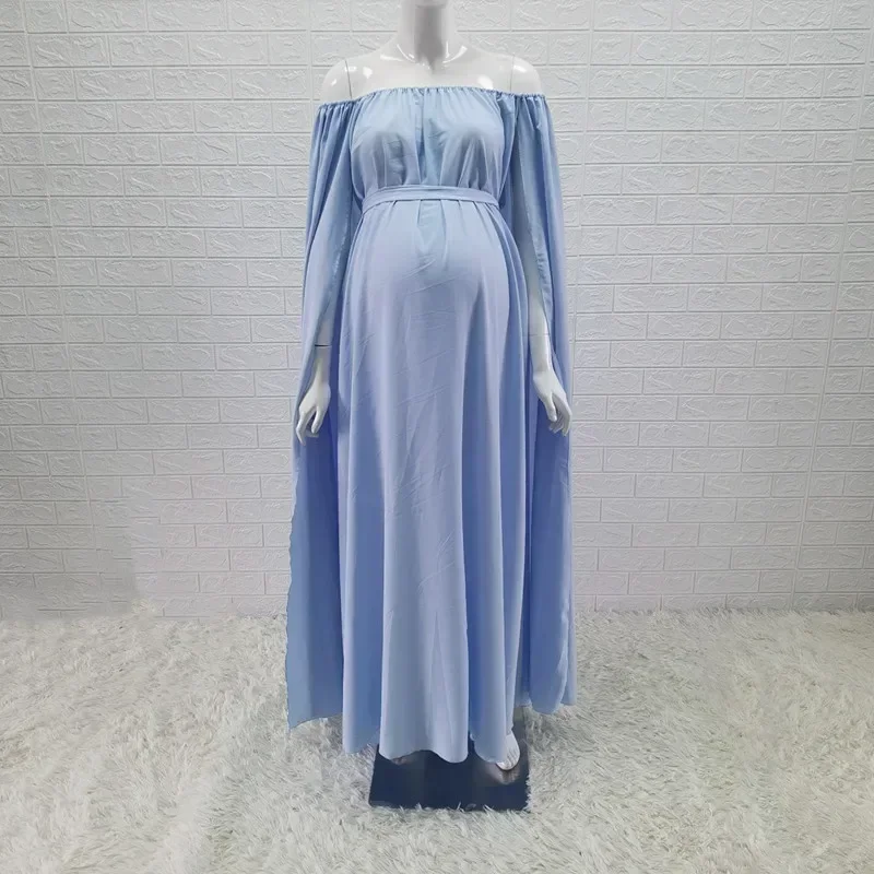 

Blue Shoulderless Maternity PhotoShoot Long Dress Loosen Style Pregnancy Photography Props Baby Shower Long Dress