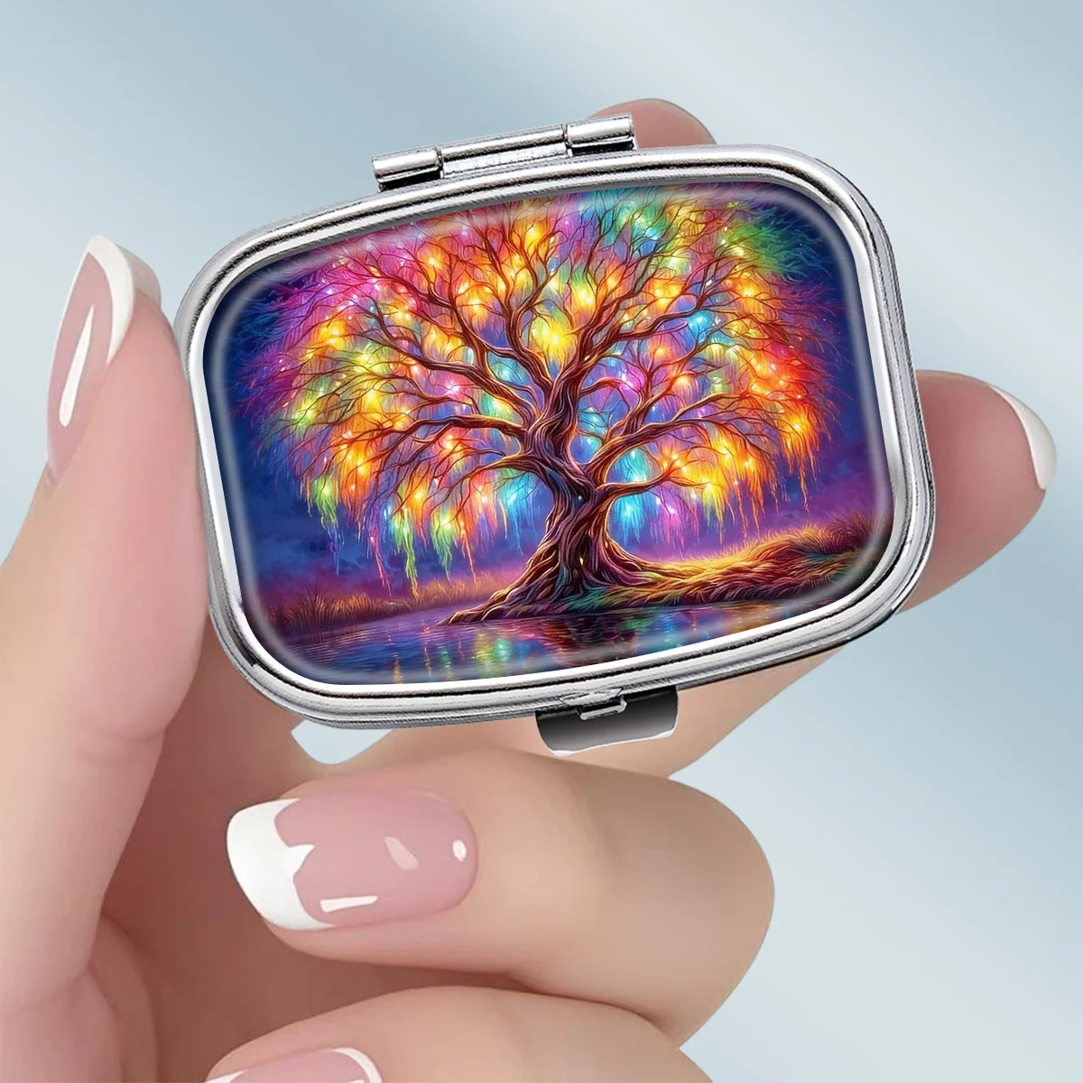1PC compact 2-compartment square metal pill box, featuring a galaxy tree theme with a dazzling iridescent design, portable decorative vitamin storage box, or a unique gift for your wallet