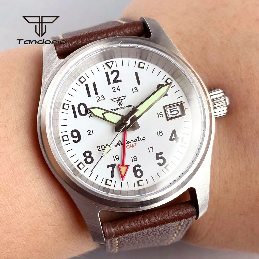 Tandorio 36mm Steel Automatic NH34 GMT Pilot Diving Men's Watch 20BAR Sapphire Mechanical Field Wristwatch Date Lume Waterproof