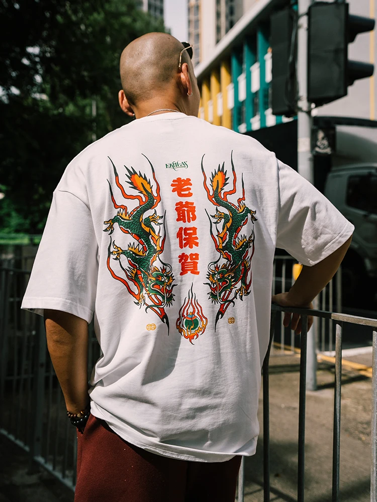 Street Fashion Retro Chinese Style Short Sleeve T-Shirt Double Head Swallow DHS Chaoshan Traditional Elderly Dragon Pearl Print