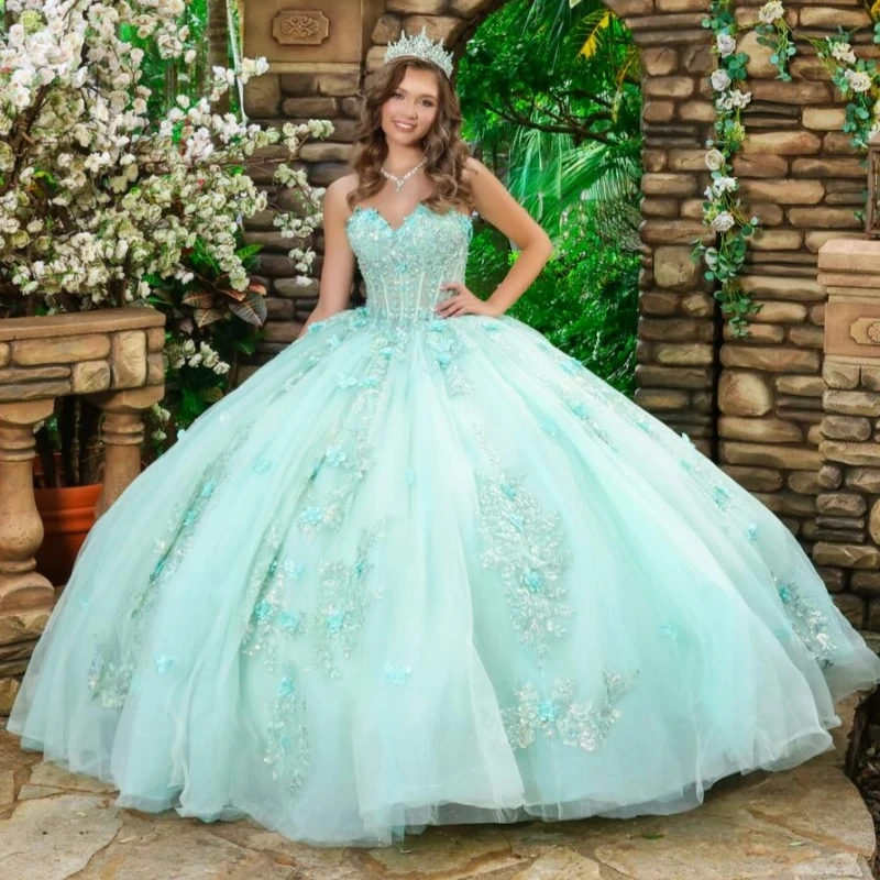 

Светло-зеленые блестящие платья Quinceanera с открытыми плечами и аппликацией из цветочных бусин, тюлевой корсет для вечеринки, дня рождения, милое платье 16, Vestidos