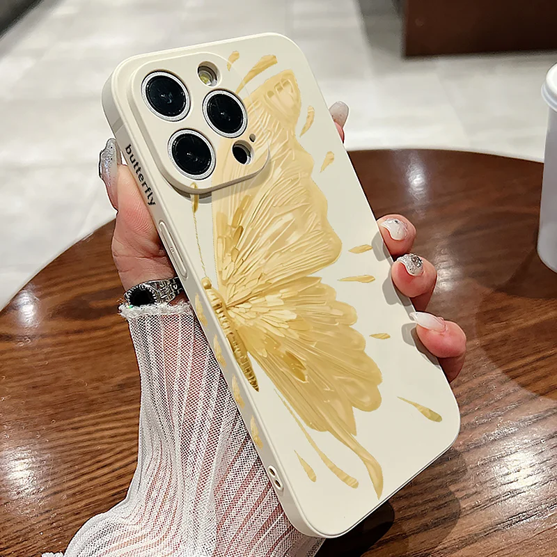 Gilded Butterfly Pattern Phone Case For iPhone 15 Pro Max 14 Plus 13 12 11 Pro 7 8 XR X XS Shockproof Soft Silicone Cover Coque