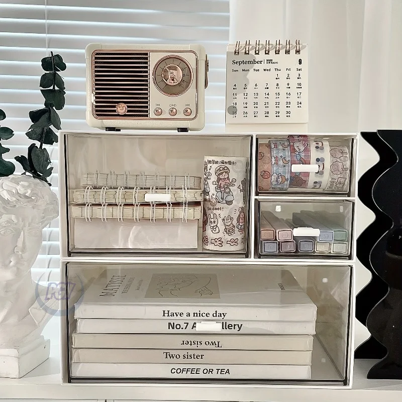 

PGY Современный белый прозрачный стеклянный настольный шкаф для хранения с многоуровневыми ящиками и открытой полкой, штабелируемый пластиковый органайзер